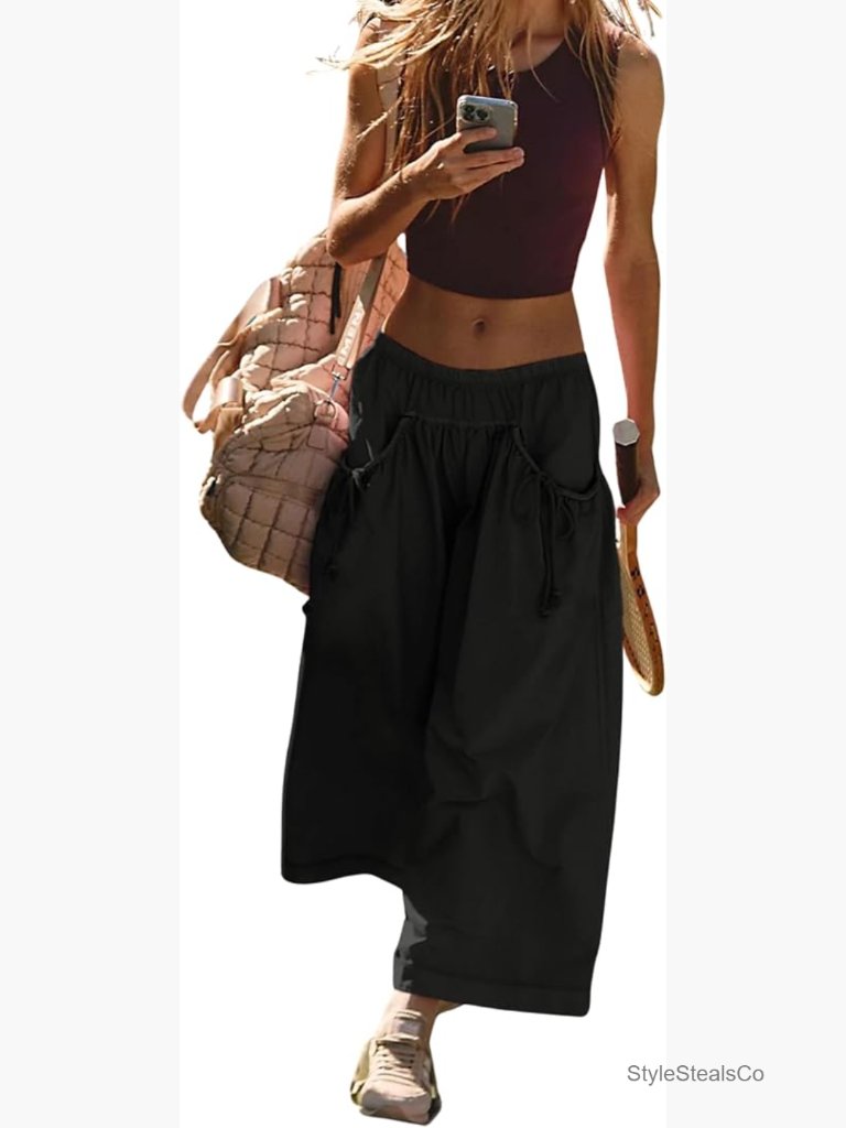 Women's Wide Leg Track Pants Drawstring Pockets Elastic Waist Capri